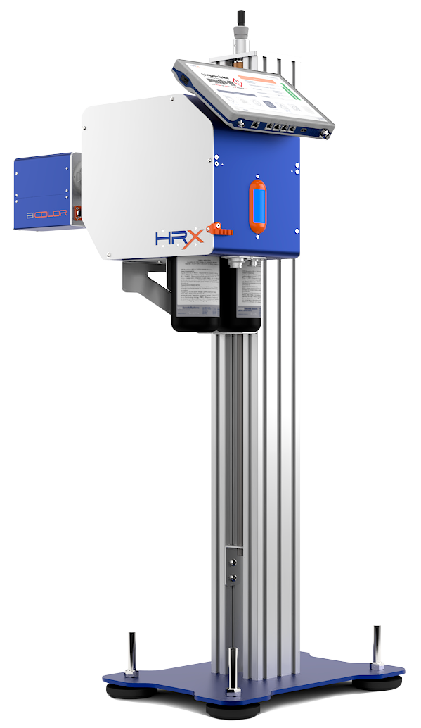 Impresora de alta resolución APLINK HRX bicolor visto de frente, para imprimir logotipo, código y texto directamente sobre la caja