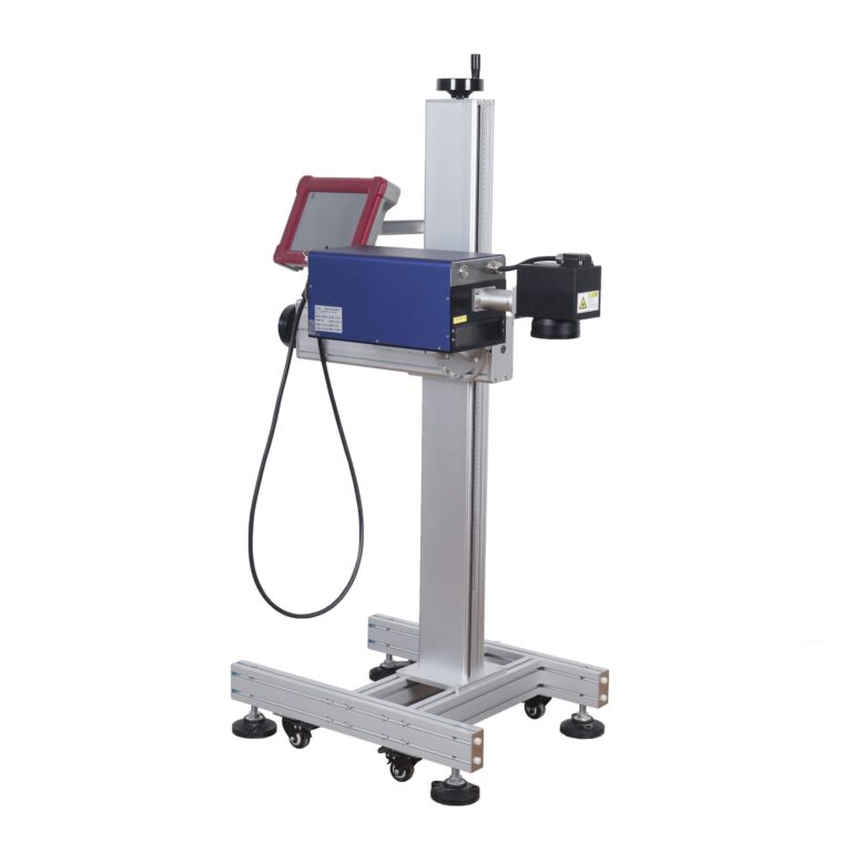 Codificador laser industrial DIKAI instalado con soporte sobre una linea de produccion