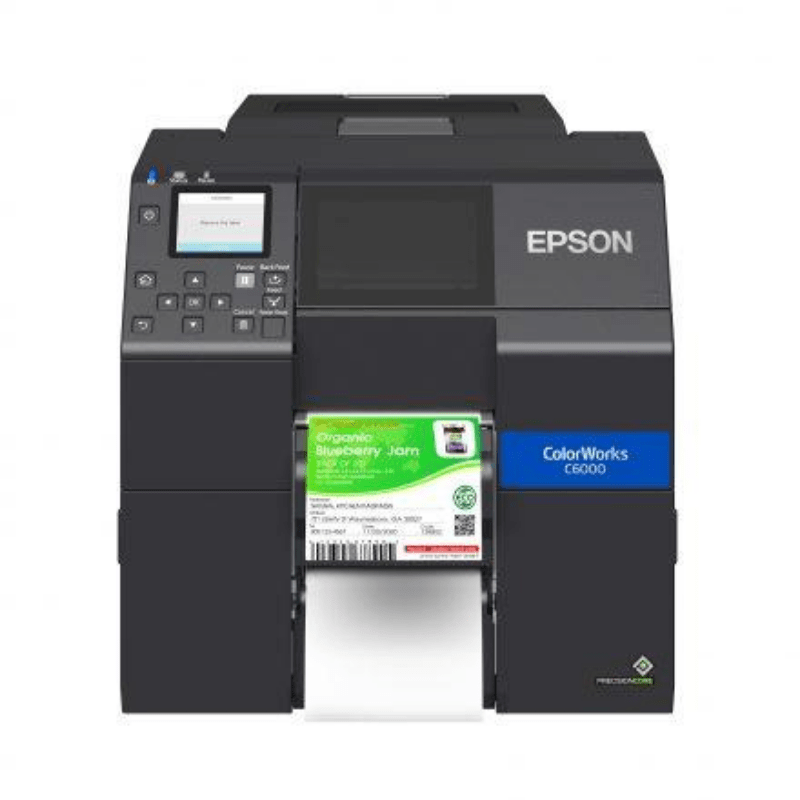 Impresoras de etiquetas Epson ColorWorks visto de frente, para imprimir la etiqueta terminada, con color y datos variables