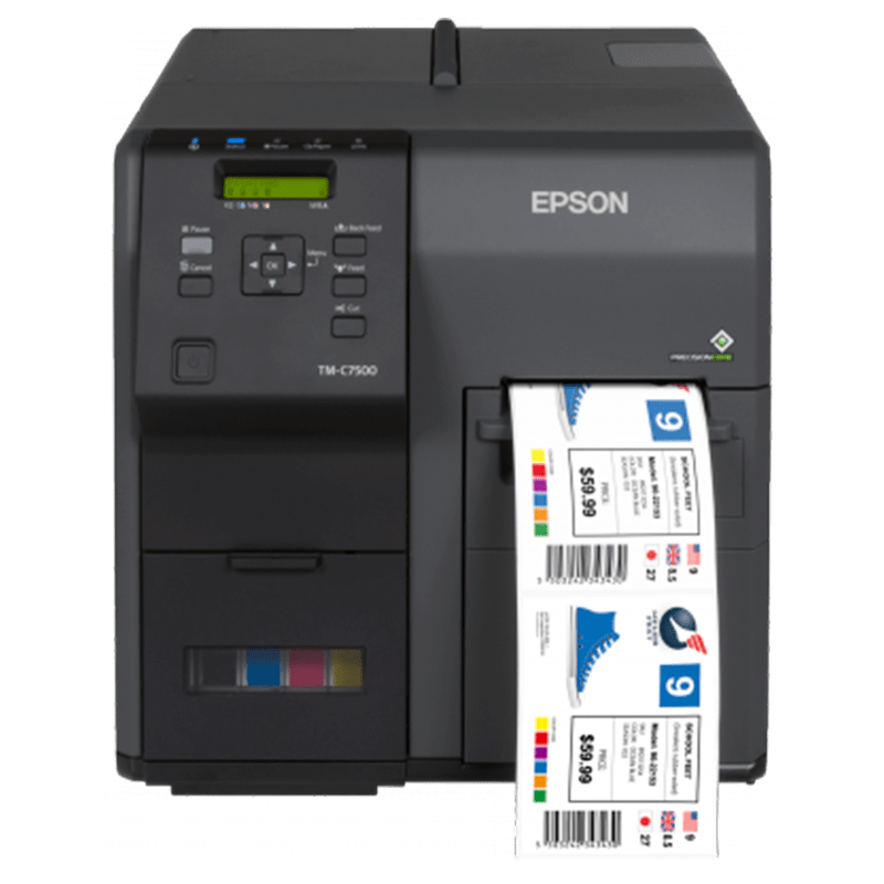 Impresoras de etiquetas Epson ColorWorks en detalle, para imprimir la etiqueta terminada, con color y datos variables